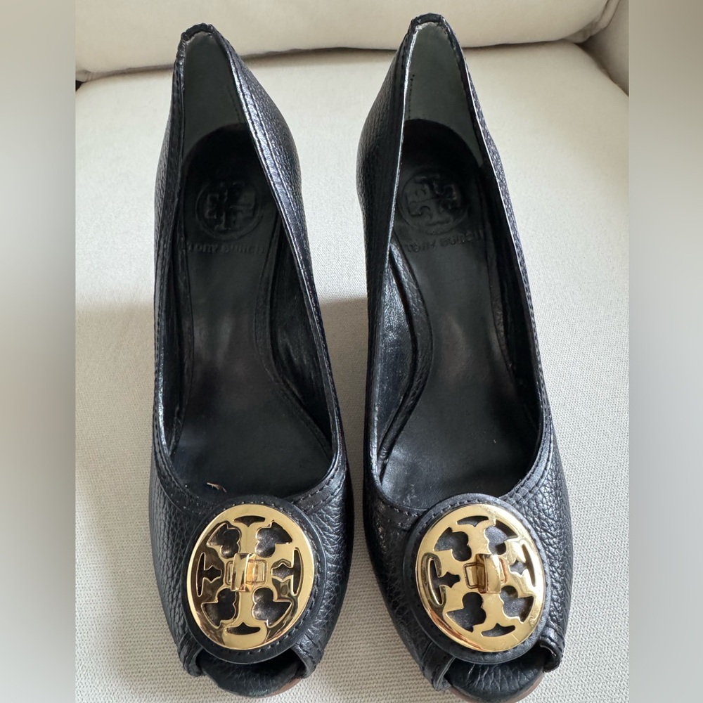Tory Burch Black Leather Peeptoe Wedge with Gold Logo Medallion